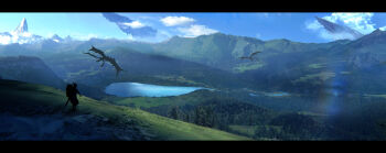 1other ambiguous_gender blue_sky chinese_commentary cloud commentary_request day dragon forest highres hill lake landscape letterboxed mountain mountainous_horizon nature original outdoors scenery shigeki_iwamoto silhouette sky standing wide_shot