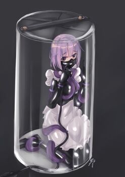 Rule 34 | 1girl, abandoned, absurdres, apron, bodysuit, collar, corrupted, corruption, dress, face mask, female focus, femdom, gagged, girl in a box, girl in container, gloves, high heels, highres, iin, in container, keys, latex, latex gloves, locked, locks, maid, mask, otn mask, oxygen mask, pipelining, purple hair, shiny clothes, solo, stasis tank, storage, tentacles, trapped, tube