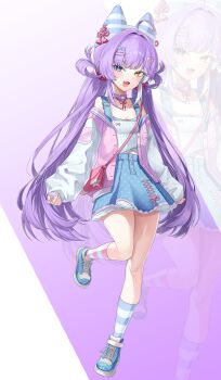 1girl :d absurdres ahoge aqua_bow blue_shoes blue_skirt blush bow breasts bun_cover cleavage collar commentary_request double_bun full_body hair_bow hair_bun hair_intakes hair_ornament hair_scrunchie hairclip heart heart_hair_ornament heterochromia highres jacket korean_commentary leg_up long_sleeves looking_at_viewer low_twintails miniskirt multicolored_jacket neck_ribbon off_shoulder open_clothes open_jacket open_mouth parallel_hairclips petticoat pina_art polka_dot polka_dot_scrunchie polka_dot_skirt purple_collar purple_hair raised_inner_eyebrows red_scrunchie ribbon scrunchie shirt shoes skirt sleeves_past_wrists smile sneakers socks solo standing standing_on_one_leg stellive striped_clothes striped_socks tenko_shibuki twintails two-tone_background two-tone_jacket unbuttoned white_shirt wispy_bangs zoom_layer