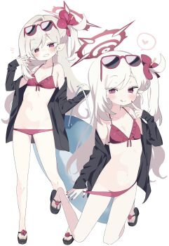 1girl :q bikini bikini_pull black_jacket blue_archive blush breasts closed_mouth clothes_pull eyewear_on_head flat_chest flower frilled_bikini frills full_body grin hair_flower hair_ornament halo heart highres innertube jacket kneeling long_hair looking_at_viewer multiple_views mutsuki_(blue_archive) nail_polish napenasupe navel open_clothes open_jacket pointy_ears pulling_own_clothes red-framed_eyewear red_bikini red_halo sandals side_ponytail simple_background smile spoken_heart sunglasses swim_ring swimsuit toenail_polish toenails toes tongue tongue_out white_background white_hair