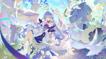 1girl angel_wings bare_shoulders bird bracelet breasts closed_mouth commentary_request dove dress feathered_wings full_body gloves halo head_wings high_heels highres honkai:_star_rail honkai_(series) jewelry long_hair looking_at_viewer multiple_views purple_dress robin_(honkai:_star_rail) shoes single_glove smile two-tone_dress white_dress white_gloves white_wings wings yu_e_baba