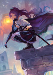 Rule 34 | 1girl, :o, black footwear, black gloves, black skirt, blunt bangs, boots, cloak, commentary request, diagonal bangs, elbow gloves, floating hair, gloves, hand on own cheek, hand on own face, highres, idolmaster, idolmaster shiny colors, knee boots, long hair, looking at viewer, looking to the side, mixed-language commentary, official alternate costume, otsudou, outdoors, ponytail, puffy short sleeves, puffy sleeves, purple cloak, purple eyes, purple hair, shirt, short sleeves, skirt, solo, squatting, tanaka mamimi, very long hair, white shirt