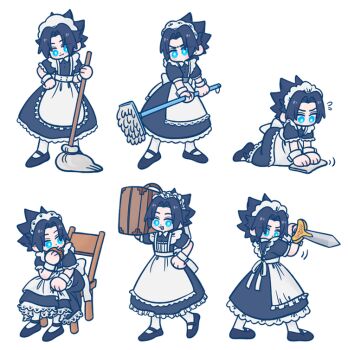 105zz 1boy apron black_dress black_shoes blue_eyes burger chair commentary_request crisis_core:_final_fantasy_vii dress eating final_fantasy final_fantasy_vii flying_sweatdrops food full_body holding holding_burger holding_food holding_mop holding_suitcase holding_sword holding_weapon maid maid_apron maid_headdress male_focus mop multiple_views on_chair parted_bangs parted_lips puffy_short_sleeves puffy_sleeves shoes short_hair short_sleeves sitting suitcase sword weapon white_apron white_background zack_fair