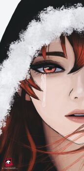 cape commentary crying english_commentary eris_greyrat hair_between_eyes highres long_hair mushoku_tensei open_mouth pink_lips red_cape red_eyes red_hair sad sketch tears themaker