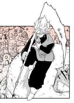 1boy boots commentary dragon_ball dragon_ball_super energy_weapon english_commentary full_body goku_black greyscale holding holding_ice_cream_cone holding_scythe ice_cream_cone licking male_focus monochrome ruins sash scythe senka-san sitting solo spot_color super_saiyan super_saiyan_rose tree twitter_username