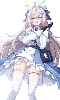 1girl absurdres adjusting_clothes adjusting_gloves beatrixa_(stella_sora) black_bag black_gloves blue_necktie blush commentary_request crossed_bangs dress feet_out_of_frame from_below gloves gluteal_fold green_halo grey_hair halo hat highres long_hair looking_at_viewer looking_down nariku76 necktie nurse_cap open_mouth pink_eyes simple_background skindentation solo standing stella_sora thighhighs white_background white_dress white_hat white_thighhighs