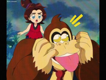 1990s_(style) 1boy 1girl ape banana blue_eyes brenni_murasaki brown_hair donkey_kong_(series) donkey_kong_bananza eyeshadow food freckles fruit furry furry_male gorilla large_hands looking_at_viewer makeup monkey monkey_boy monkey_girl necktie nintendo open_mouth pauline_(mario) pauline_(young)_(mario) purple_eyeshadow red_aura red_necktie retro_artstyle smile teeth yellow_lips