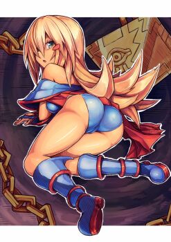 1girl ass back bare_shoulders blonde_hair blue_boots blush_stickers boots cameltoe chain dark_magician_girl duel_monster female_focus from_behind green_eyes long_hair looking_down millennium_puzzle no_headwear saltydanshark shiny_clothes solo yu-gi-oh! yu-gi-oh!_duel_monsters