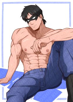 1boy abs absurdres artist_name bara black_hair blue_pants boots closed_mouth dc_comics dick_grayson domino_mask eye_mask highres kuroshinki large_pectorals looking_at_viewer male_focus mask muscular muscular_male navel nightwing nipples pants pectorals short_hair simple_background sitting solo topless_male veins veiny_arms young_justice