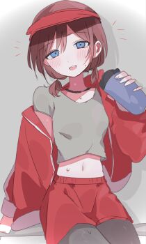 Rule 34 | 1girl, arm at side, blue eyes, blush, brown hair, character request, choker, commentary request, copyright request, cowboy shot, crop top, cropped shirt, grey background, grey shirt, hand up, highres, holding, jacket, long sleeves, low twintails, midriff, na (niruo3), navel, notice lines, open clothes, open jacket, open mouth, red eyes, red shorts, shirt, short hair, short sleeves, short twintails, shorts, simple background, single off shoulder, sitting, sketch, smile, solo, twintails, variant set