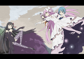 4girls :/ :d :o absurdres akemi_homura akuma_homura anime_coloring ankle_wings argyle_clothes argyle_thighhighs beanie black_dress black_gloves black_hair black_shoes blue_eyes blue_hair bob_cut bow brown_hat cape capelet choker cleavage_cutout closed_mouth clothing_cutout crossed_legs detached_collar dot_nose dress earflap_beanie elbow_gloves eye_contact fine_art_parody flat_chest fortissimo frilled_sleeves frills fur-trimmed_capelet fur_trim furrowed_brow gloves grey_sky grey_thighhighs hair_bow hair_ornament hair_ribbon hat high-low_dress highres kaname_madoka letterboxed light_frown long_hair looking_at_another magical_girl mahou_shoujo_madoka_magica mahou_shoujo_madoka_magica:_hangyaku_no_monogatari mangpum_(taro109210) midair miki_sayaka miki_sayaka_(magical_girl) momoe_nagisa momoe_nagisa_(magical_girl) mountainous_horizon multiple_girls musical_note musical_note_hair_ornament official_style open_mouth orange_capelet orange_eyes outdoors outstretched_arm parody parted_lips pink_hair pink_thighhighs pom_pom_(clothes) pom_pom_beanie print_dress purple_eyes reaching reaching_towards_another red_ribbon ribbon shoes short_hair short_sleeves side_cutout sky smile starry_sky_print straight_hair strapless strapless_dress t-bar_sandals the_creation_of_adam thighhighs two-tone_dress two_side_up ultimate_madoka v-shaped_eyebrows very_long_hair white_bow white_cape white_choker white_dress white_gloves white_shoes wings yellow_eyes zettai_ryouiki