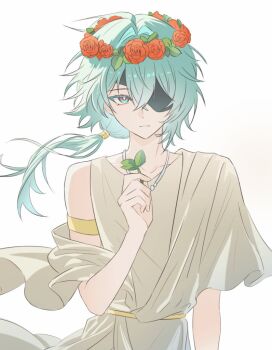 1boy anaxa_(honkai:_star_rail) ancient_greek_clothes arm_at_side colored_eyelashes commentary eyepatch flower ggu_ggu_ri greco-roman_clothes green_eyes green_hair hashtag-only_commentary head_wreath holding holding_leaf honkai:_star_rail honkai_(series) leaf long_hair male_focus multicolored_eyes pink_eyes ponytail red_flower red_rose rose simple_background solo toga two-tone_eyes white_background
