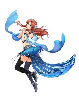 Rule 34 | 1girl, akatsuki no kiseki, black shorts, black thighhighs, blue eyes, blue skirt, brown hair, eiyuu densetsu, floating hair, from side, head tilt, high heels, highres, long hair, midriff, miniskirt, official art, own hands clasped, own hands together, pleated skirt, ries argent, short shorts, shorts, simple background, skirt, solo, sora no kiseki, tachi-e, thighhighs, third-party source, white background, zettai ryouiki