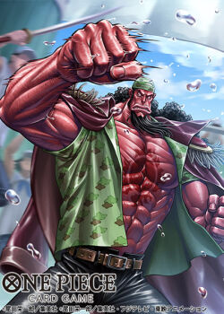 1boy bandana beard black_hair black_pants chest_tattoo clenched_hands clenched_teeth colored_skin commentary_request copyright_name epaulettes facial_hair fighting fisher_tiger green_vest kagelow long_hair male_focus marine_(one_piece) official_art one_piece one_piece_card_game outdoors pants red_skin sash tattoo teeth vest water_drop