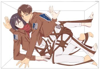 13nohuyu 1boy 1girl black_hair blush bob_cut brown_hair brown_jacket cropped_jacket eren_yeager full_body grey_eyes hair_between_eyes harness highres jacket kneeling long_sleeves mikasa_ackerman no_shoes pale_skin pants reclining red_scarf scarf shingeki_no_kyojin shirt short_hair stuck_in_a_box survey_corps_(emblem) sweatdrop three-dimensional_maneuver_gear white_background white_pants white_shirt