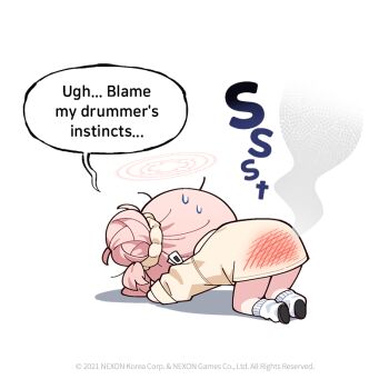 1girl all_fours black_shoes blue_archive chibi chibi_only commentary donmin_h english_commentary english_text hair_bun hair_ornament hair_scrunchie halo jacket leg_warmers natsu_(band)_(blue_archive) natsu_(blue_archive) official_art pink_hair scrunchie shoes simple_background single_side_bun slap_mark solo spanked speech_bubble sweat white_background white_leg_warmers