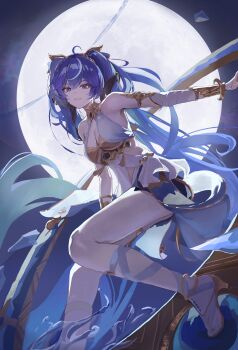 Rule 34 | 1girl, absurdres, ahoge, ancient greek clothes, armlet, bare shoulders, black skirt, blue eyes, blue hair, breasts, commentary, full moon, gladiator sandals, gold bra, greco-roman clothes, highres, iuno (wuthering waves), jewelry, karpe36, laurel crown, long hair, looking at viewer, medium breasts, miniskirt, moon, multicolored hair, parted lips, sandals, skirt, smile, solo, streaked hair, tacet mark (wuthering waves), thighs, vambraces, very long hair, wuthering waves