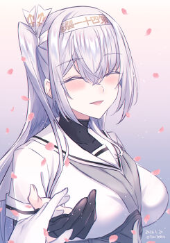 1girl 1other breasts commentary_request fuyutsuki_(kancolle) gradient_background grey_background grey_hair grey_neckerchief headband highres kabocha_torute kantai_collection long_hair medium_breasts neckerchief one-hour_drawing_challenge one_side_up petals sailor_collar sailor_shirt school_uniform serafuku shirt smile solo_focus upper_body white_headband white_sailor_collar white_shirt