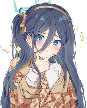 Rule 34 | 1girl, :t, absurdres, alternate costume, aqua halo, aris (blue archive), black hair, blue archive, blue eyes, blver, bow, brown bow, brown hairband, brown jacket, collared shirt, hair bow, hairband, halo, hand on own chin, highres, jacket, light blush, long hair, looking to the side, motion lines, one side up, partially unbuttoned, plaid clothes, plaid jacket, raised eyebrow, shirt, simple background, single off shoulder, sparkle, upper body, white background, white shirt