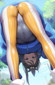 1girl ass bent_over black_hair blue_jacket bodysuit bodysuit_under_clothes breasts commentary_request cube_hair_ornament day grey_eyes hair_ornament haska_(user_gure4787) highres jacket lida_(pokemon) long_hair looking_at_viewer looking_through_own_legs nintendo open_mouth outdoors pokemon pokemon_legends:_z-a ribbed_socks sky socks solo topknot twitter_username watermark white_socks