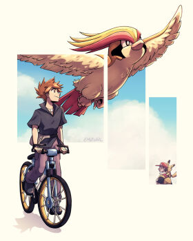 2boys artist_name backpack bag baseball_cap beak bicycle bird black_shirt black_shoes blue_oak brown_eyes brown_hair emzurl gen_1_pokemon hat highres multiple_boys nintendo pants pidgeot pikachu pokemon pokemon_(creature) pokemon_frlg purple_pants red_(pokemon) red_hat riding riding_bicycle shirt shoes short_hair short_sleeves