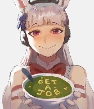 1girl absurdres alphabet_soup animal_ears armband bare_shoulders blunt_bangs blush bow bowl bowtie brown_hat closed_mouth commentary dress ear_bow english_commentary food gloves gold_ship_(red_strife)_(umamusume) gold_ship_(umamusume) grey_hair hat hexlaze highres holding holding_bowl horse_ears horse_girl long_hair looking_at_viewer pillbox_hat purple_bow purple_eyes red_bow red_bowtie red_dress simple_background sleeveless sleeveless_dress smile solo soup spongebob_squarepants_(series) spoon striped_armband striped_clothes umamusume upper_body white_gloves