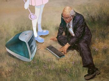 1boy 1girl apple_inc. balding black_jacket black_pants black_shoes black_suit business_suit computer computer_keyboard formal_clothes glasses grass green_necktie head_out_of_frame holding holding_wand imac imac_g3 jacket kei_ichikawa macintosh magical_girl male_focus necktie old old_man original outdoors painterly pants realistic shoes sitting solo_focus standing suit surreal wand