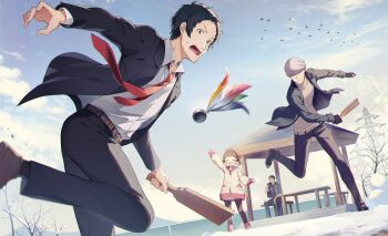 1girl 3boys :d adachi_tooru arm_up bare_tree belt belt_buckle bird black_gloves black_hair black_jacket black_leggings black_pants black_shoes blue_feathers blue_sky blush boots bow brown_belt brown_hair brown_shoes buckle business_suit cheering child closed_eyes closed_mouth coat collared_shirt commentary_request day doujima_nanako doujima_ryoutarou dress_shirt father_and_daughter feathers fence floating_clothes floating_neckwear flock formal_clothes gloves green_feathers grey_eyes grey_hair grey_shirt hagoita hair_bow hane_(hanetsuki) hanetsuki highres holding holding_paddle jacket lapels leg_up leggings long_sleeves looking_at_object multiple_boys narukami_yu necktie notched_lapels on_bench open_clothes open_jacket open_mouth outdoors paddle pants pavilion persona persona_4 pink_boots pink_bow pink_feathers pink_gloves power_lines red_necktie shirt shirt_tucked_in shoes short_hair short_twintails sitting sky smile snow snow_on_tree standing suit suit_jacket sunlight surprised sweatdrop table tree turtleneck twintails utility_pole white_belt white_coat white_shirt wing_collar winter winter_clothes winter_coat yellow_feathers yoshino_saku