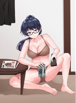 1girl barefoot beer_can black-framed_eyewear black_eyes black_hair black_jacket bow bow_panties bra breasts brown_bra brown_panties can cleavage collarbone commentary_request commission controller drink drink_can eguchi_futaba_(samonji555) glasses gnu36 highres holding holding_can holding_controller holding_drink holding_remote_control jacket knee_up knees large_breasts long_hair original panties ponytail remote_control semi-rimless_eyewear sitting skeb_commission solo stomach table toes under-rim_eyewear underwear underwear_only unworn_jacket