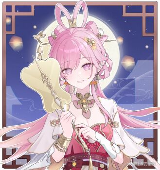1girl an_xingli breasts chinese_clothes chinese_commentary chinese_hairstyle cleavage commentary_request diamond-shaped_pupils diamond_(shape) dress earrings elf elysia_(hi_love_elf)_(honkai_impact) elysia_(honkai_impact) elysia_(moonlit_grace)_(honkai_impact) full_moon hand_fan highres holding holding_fan honkai_(series) honkai_impact_3rd jewelry large_breasts long_hair looking_at_viewer miyoushe_watermark moon night official_alternate_costume pink_dress pink_hair pointy_ears purple_eyes sky smile solo star_(sky) starry_sky symbol-shaped_pupils upper_body very_long_hair watermark