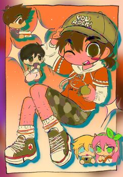 1girl 4boys adjusting_clothes adjusting_headwear alternate_eye_color antenna_hair arm_up aubrey_(faraway)_(omori) aubrey_(omori) baseball_cap basil_(faraway)_(omori) basil_(omori) birthday_cake black_eyes black_hair blonde_hair blue_eyes blue_jacket blush_stickers bright_pupils brothers brown_eyes brown_hair cake camera camouflage camouflage_shorts chibi closed_mouth dark-skinned_male dark_skin double-parted_bangs food green_eyes green_hairband green_shoes grey_hat hair_between_eyes hairband hat hero_(faraway)_(omori) hero_(omori) highres holding holding_cake holding_camera holding_food hood hood_down hoodie jacket kel_(birthday)_(omori) kel_(faraway)_(omori) kel_(omori) long_hair long_sleeves looking_at_another looking_at_viewer low_ponytail lyuz_(justtoseemeplea) multiple_boys omori open_clothes open_jacket open_mouth orange_hoodie pink_hair ponytail shoes short_hair short_ponytail shorts siblings single_blush_sticker smile sneakers socks sunny_(birthday)_(omori) sunny_(omori) teeth upper_teeth_only white_jacket white_pupils white_socks