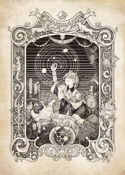 Rule 34 | 1girl, absurdres, alchemist, alchemy, ange katrina, ange katrina (1st costume), arm up, baby animal, balance scale, bird, book, border, broken flask, chick, clutter, coat, commentary, crossed bangs, deer, flask, hair between eyes, hair intakes, hand on book, highres, holding, latin text, lion, long bangs, long sleeves, looking at object, looking up, mandragora (ange katrina), medium hair, monochrome, mortar (bowl), nijisanji, off shoulder, open book, open mouth, orbital path, ornate border, paper texture, pestle, sepia, shou-star, smile, snake, solo focus, stellated octahedron, striped background, untranslatable commentary, symbolism, test tube, test tube rack, translation request, upper body, virtual youtuber, weighing scale, wolf