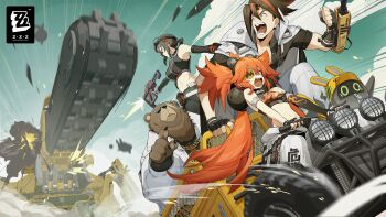 2boys 2girls anton_ivanov asymmetrical_gloves bangboo_(zenless_zone_zero) bear ben_bigger black_hair breasts commentary copyright_logo copyright_name crop_top elbow_gloves english_commentary eyepatch fingerless_gloves fishnet_gloves fishnets gloves grace_howard hair_ornament highres jacket jacket_on_shoulders jackhammer koleda_belobog large_breasts logo multiple_boys multiple_girls official_art open_clothes open_jacket orange_eyes orange_hair safety_(zenless_zone_zero) scar scar_across_eye scar_on_face sharp_teeth sphere_hair_ornament spiked_hair striped_hair teeth twintails vehicle_chase white_jacket zenless_zone_zero