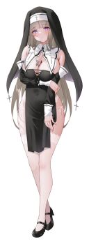 1girl absurdres arm_under_breasts armpit_crease black_veil blunt_bangs breast_curtains breasts cleavage cross detached_sleeves expressionless full_body game_cg grey_hair hand_on_own_elbow hand_on_own_thigh high_heels highres large_breasts latin_cross long_hair long_sleeves looking_at_viewer non-web_source nun official_art panties pelvic_curtain pumps purple_eyes side-tie_panties sister_amelie sister_amelie:_the_innocent_girl_is_corrupted skindentation solo tachi-e tareme thick_thighs thighhighs thighs transparent_background underwear veil very_long_hair