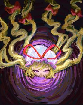 Rule 34 | 1girl, abstract background, absurdres, blonde hair, bow, from above, hair bow, hat, hat ribbon, head only, highres, impressionism, long eyelashes, mob cap, omaega chan, out of frame, purple eyes, ribbon, solo, touhou, wavy hair, yakumo yukari