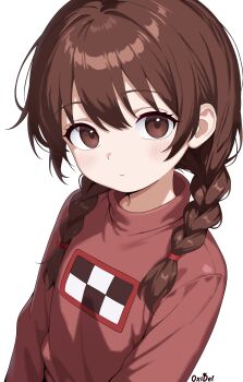 1girl absurdres artist_name braid brown_eyes brown_hair closed_mouth commentary english_commentary expressionless hair_intakes hair_ornament hair_scrunchie highres long_sleeves looking_at_viewer low_twin_braids madotsuki medium_hair oxidel red_sweater scrunchie sidelocks simple_background solo sweater twin_braids upper_body white_background yume_nikki