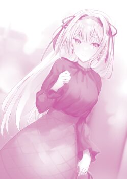 Rule 34 | 1girl, absurdres, bag, blouse, chris esse eisbert, closed mouth, commentary request, danshi kinsei game sekai de ore ga yarubeki yuiitsu no koto yuri no ma ni hasamaru otoko to shite tensei shite shimaimashita, diamond-shaped earrings, diamond (shape), earrings, hairband, haishiki, handbag, highres, holding, holding bag, jewelry, long hair, long skirt, monochrome, novel illustration, official art, ribbon, shirt, shy, skirt, solo, very long hair