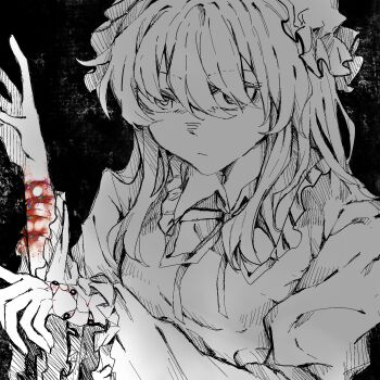 1girl arm_eye black_background blood body_horror closed_mouth collared_dress commentary dated_commentary dress extra_eyes eyes_on_body frilled_shirt_collar frilled_sleeves frills hat highres long_hair long_sleeves maribel_hearn mob_cap neck_ribbon oriharareimu ribbon scar self-harm_scar solo spot_color touhou wide_sleeves