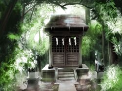 Rule 34 | commentary request, day, dog, forest, highres, hokora (shrine), kuro kosyou, nature, no humans, original, outdoors, rain, scenery, shide, sliding doors, stairs, statue, stone stairs, tree