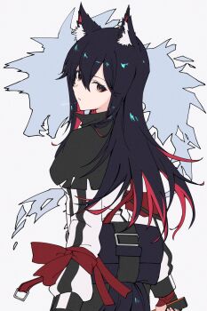 1girl animal_ear_fluff animal_ears arknights artist_name black_capelet black_hair black_jacket brown_eyes capelet closed_mouth commentary_request from_behind hair_between_eyes head_tilt highres holding holding_sword holding_weapon jacket konota_ko long_sleeves looking_at_viewer multicolored_hair multicolored_jacket red_hair simple_background solo sword texas_(arknights) two-tone_hair two-tone_jacket upper_body weapon white_background white_jacket wolf_ears wolf_girl