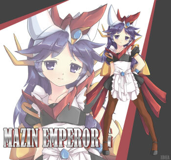 1girl apron arm_behind_back black_skirt character_name cuteidea headdress high_heels leggings maid_apron mazin_emperor_g mazinger_(series) mazinger_z mecha_musume parody personification purple_hair robot_girls_z shin_mazinger_shougeki!_z-hen skirt smile solo style_parody super_robot_wars super_robot_wars_v zoom_layer
