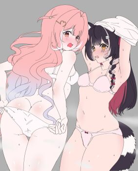 2girls animal_ears armpits arms_up ass bandaid blue_hair blush bow bow_panties breasts brown_hair butt_crack changing_clothes commentary cupid embarrassed hair_bow hair_ornament heart heart_hair_ornament heartsync highres indie_virtual_youtuber kazamaware kumu_cotton looking_at_viewer multicolored_hair multiple_girls navel panties pink_hair raccoon_ears raccoon_girl raccoon_tail raki_kazuki red_hair small_breasts stomach sweat sweatdrop tail underwear untranslatable_commentary virtual_youtuber white_hair