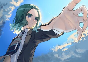 1boy absurdres aqua_hair bad_tag black_jacket blue_eyes blue_necktie blue_sky cloud collared_shirt day highres inazuma_eleven_(series) inazuma_eleven_victory_road jacket male_focus medium_hair multicolored_hair necktie okurarebito open_clothes open_jacket outdoors sasanami_unmei shirt sky solo striped_necktie two-tone_hair upper_body white_shirt