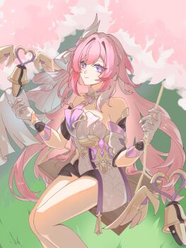 1girl bare_shoulders bell black_shorts breasts buchuhutaobugaiming cherry_blossoms chinese_commentary commentary_request corset diamond-shaped_pupils diamond_(shape) elysia_(herrscher_of_human:_ego)_(honkai_impact) elysia_(honkai_impact) gloves grass highres honkai_(series) honkai_impact_3rd large_breasts long_hair looking_at_viewer pink_hair purple_eyes short_shorts shorts sitting smile solo swing_set symbol-shaped_pupils thighs triquetra very_long_hair white_corset white_gloves