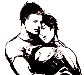 2boys black_hair cape closed_eyes dc_comics emblem holding_hands leaning lowres male_focus monochrome multiple_boys outline red_robin simple_background sketch smile superboy superhero_costume tim_drake yaoi young_justice