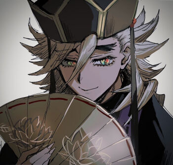 Rule 34 | 1boy, blonde hair, commentary request, douma (kimetsu no yaiba), hair between eyes, kimetsu no yaiba, long hair, looking at viewer, male focus, patterned hair, red shirt, shirt, smile, solo, suposupo (supodori), tight clothes, tight shirt