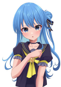 1girl absurdres black_choker black_ribbon black_shirt blue_eyes blue_hair blush choker commentary_request hair_between_eyes hair_bun hair_ribbon hand_on_own_chest hand_up highres hololive hoshimachi_suisei hoshimachi_suisei_(sailor) long_hair looking_at_viewer official_alternate_costume parted_lips ramkilog ribbon sailor_collar shirt short_sleeves simple_background single_hair_bun solo star_(symbol) star_in_eye symbol_in_eye upper_body virtual_youtuber white_background