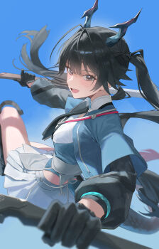 Rule 34 | 1girl, absurdres, arknights, arknights: endfield, black boots, black gloves, black hair, blue background, blue horns, blue tail, boots, breasts, chen qianyu (arknights), commentary request, dragon girl, dragon horns, dragon tail, dual wielding, eastern dragon horns, eastern dragon tail, gloves, grey eyes, highres, holding, holding sword, holding weapon, horns, jacket, jinsei tsuraiman, knee boots, long hair, long sleeves, looking at viewer, multicolored tail, open clothes, open jacket, open mouth, pleated skirt, red tail, skirt, smile, solo, sword, tail, teeth, twintails, upper teeth only, weapon, white skirt