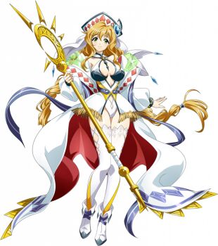 1girl alia_(langrisser) bare_shoulders blonde_hair blue_gemstone braid braided_ponytail breasts cleavage cleavage_cutout closed_mouth clothing_cutout coat crystal detached_sleeves dress fold-over_boots frills full_body game_cg gem green_eyes hair_between_eyes hat holding holding_staff holding_weapon jewelry langrisser langrisser_millenium_ws langrisser_mobile large_breasts leg_up leotard long_hair looking_at_viewer low-tied_long_hair mage_staff mitre multicolored_coat official_art puffy_sleeves shoes sidelocks simple_background smile solo staff standing standing_on_one_leg tachi-e thighhighs third-party_source transparent_background twin_braids veil weapon white_coat white_hat white_leotard white_shoes white_thighhighs white_veil zettai_ryouiki