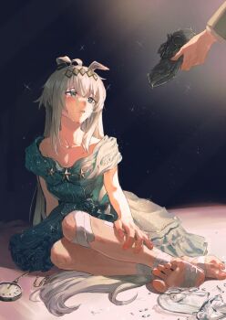 1boy 1girl ahoge animal_ears bandaged_foot bandaged_knees bandages black_background black_shoes commentary_request crying ear_ornament esubui feet full_body glass_slipper grey_eyes grey_hair holding holding_shoes holding_unworn_clothes horse horse_ears horse_girl kitahara_jou long_hair oguri_cap_(umamusume) pocket_watch shoes sitting solo_focus star_(symbol) umamusume umamusume:_cinderella_gray unworn_shoes watch yokozuwari